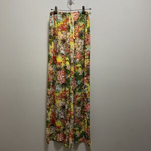 Sundance‎ Pants Women's Medium Yellow Tropical Floral Semi-sheer Wide-leg Lined